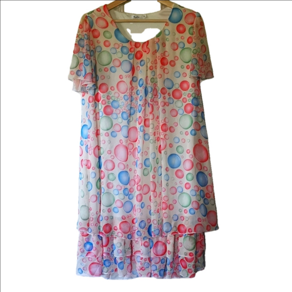 Katie fun bubble midi dress,pink, blue cottagecore, circle Size XL. EUC